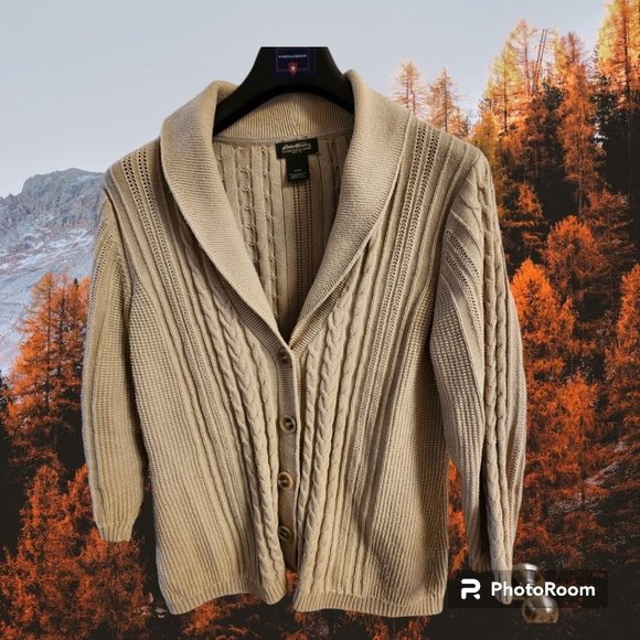 Women's Eddie Bauer Sweater SZXL Tan Cable Knit 4 Button Collared 3/4 Sleeves - Picture 1 of 6